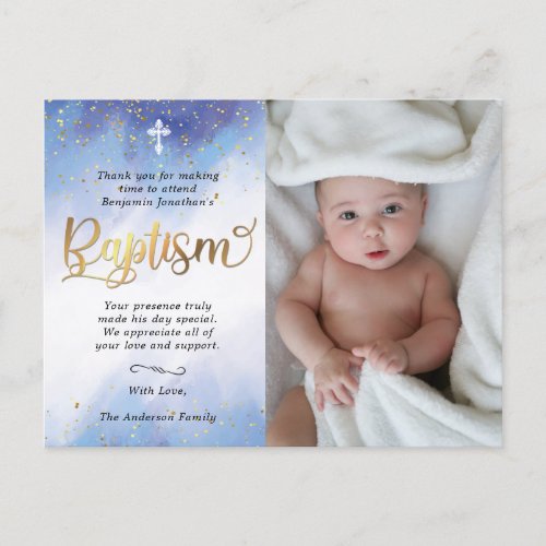 Gold and Blue Watercolor Baptism Photo Thank You Postcard