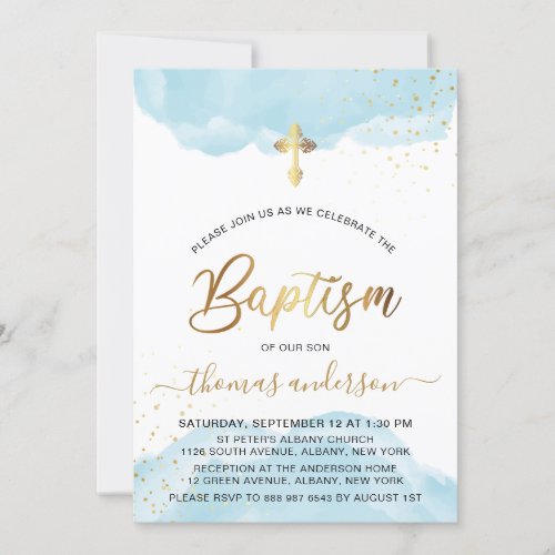 Gold And Blue Watercolor Boy Baptism Invitation