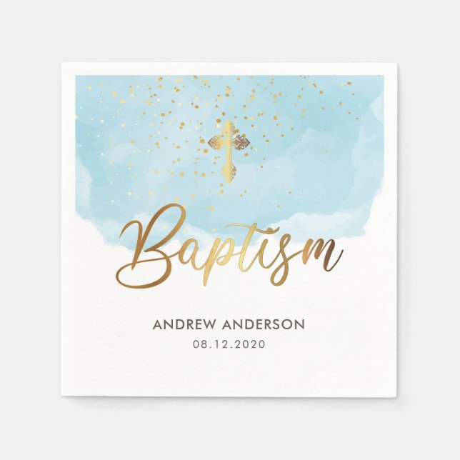 Gold And Blue Watercolor Boy Baptism Napkins (Front)