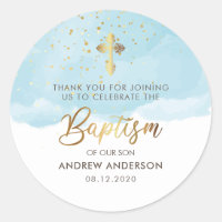 Gold And Blue Watercolor Boy Baptism Thank You Classic Round Sticker