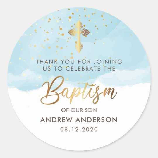 Gold And Blue Watercolor Boy Baptism Thank You Classic Round Sticker | Zazzle.com