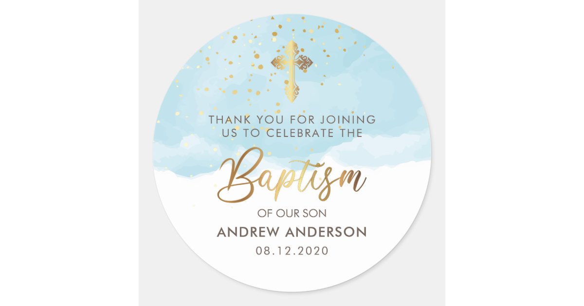 Gold And Blue Watercolor Boy Baptism Thank You Classic Round Sticker | Zazzle.com