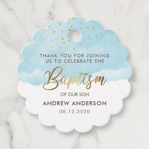 Gold And Blue Watercolor Boy Baptism Thank You Favor Tags