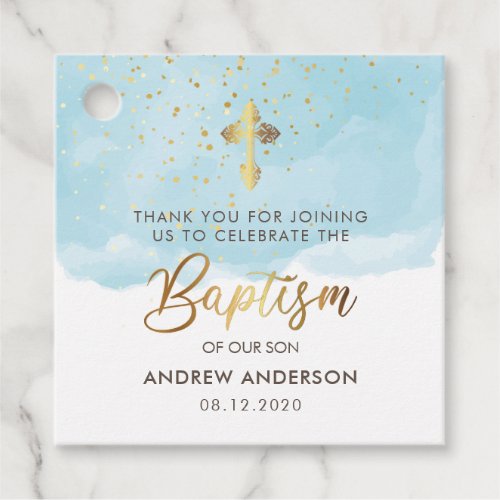 Gold And Blue Watercolor Boy Baptism Thank You Favor Tags