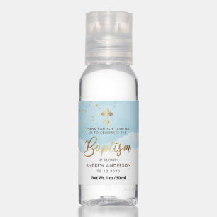 Gold And Blue Watercolor Boy Baptism Thank You Hand Sanitizer