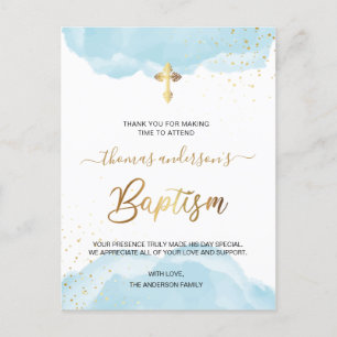 Gold And Blue Watercolor Boy Baptism Thank You Postcard