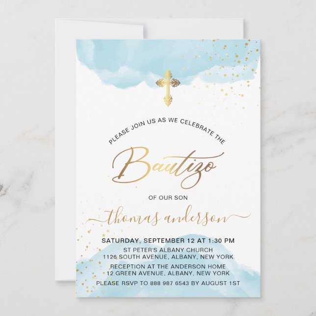 Gold And Blue Watercolor Boy Bautizo Invitation (Front)