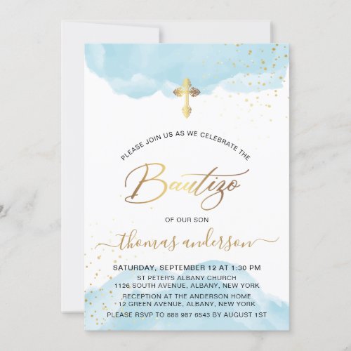 Gold And Blue Watercolor Boy Bautizo Invitation