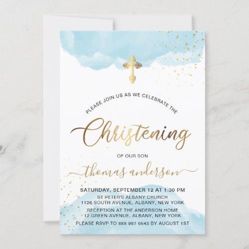 Gold And Blue Watercolor Boy Christening Invitation