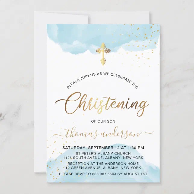 Gold And Blue Watercolor Boy Christening Invitation | Zazzle