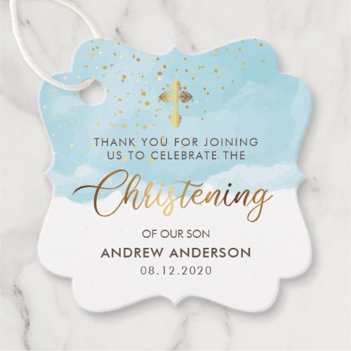 Gold And Blue Watercolor Boy Christening Thank You Favor Tags