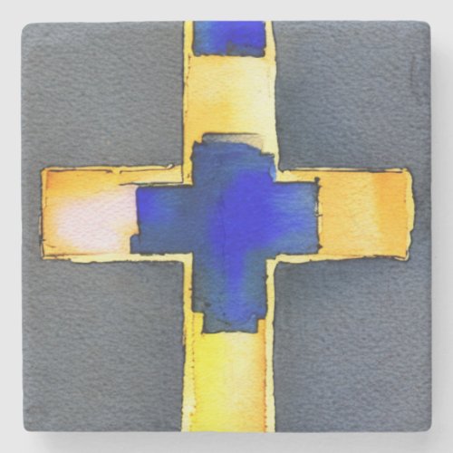 Gold and Blue Watercolor Cross Marble Coaster
