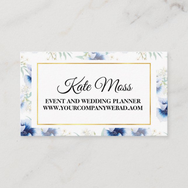 Gold and Blue Watercolor Florals Business Card (Front)