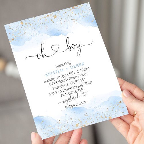 Gold and Blue Watercolor Oh Boy Baby Shower Invitation