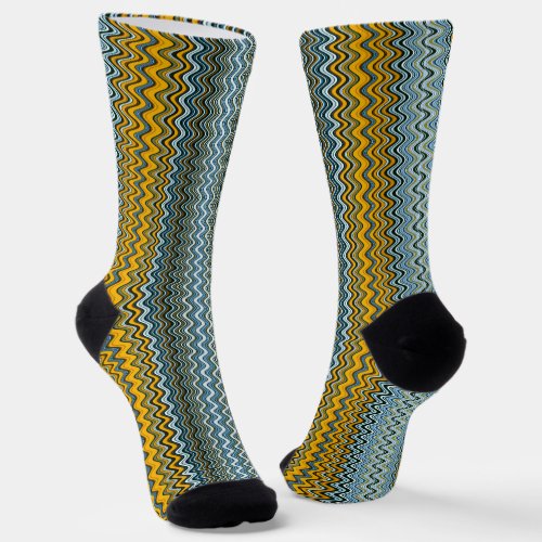 Gold and Blue Wavy Stripes Socks