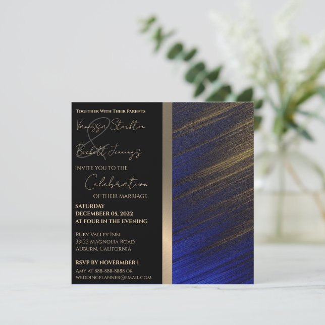 Gold and Blue Wedding Invitation (Standing Front)