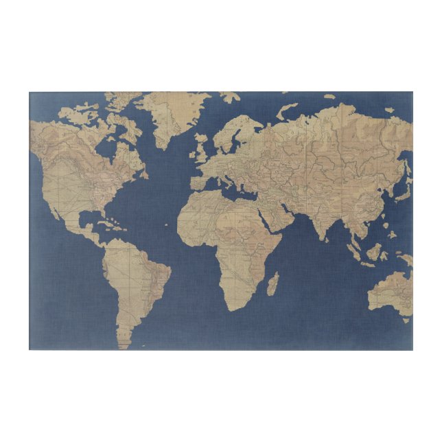 Gold and Blue World Map Acrylic Print (Front)