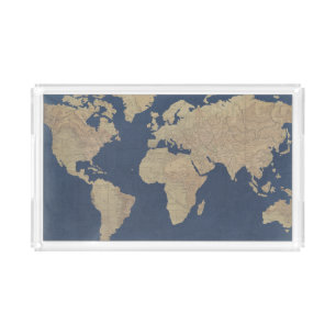 Gold and Blue World Map Acrylic Tray