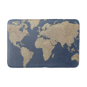 Gold and Blue World Map Bathroom Mat
