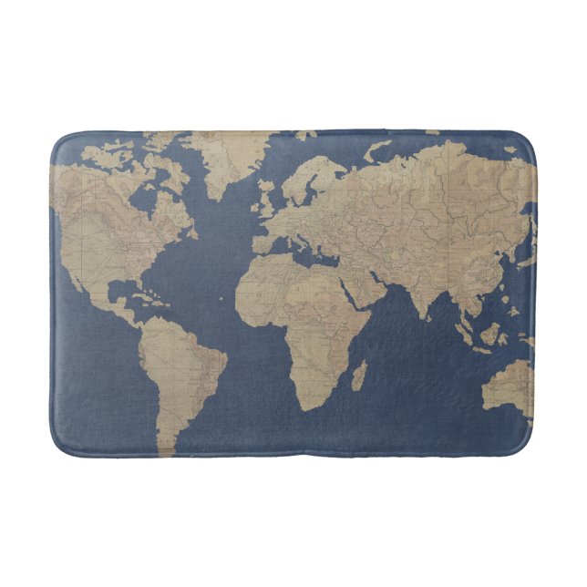 Gold and Blue World Map Bathroom Mat (Front)