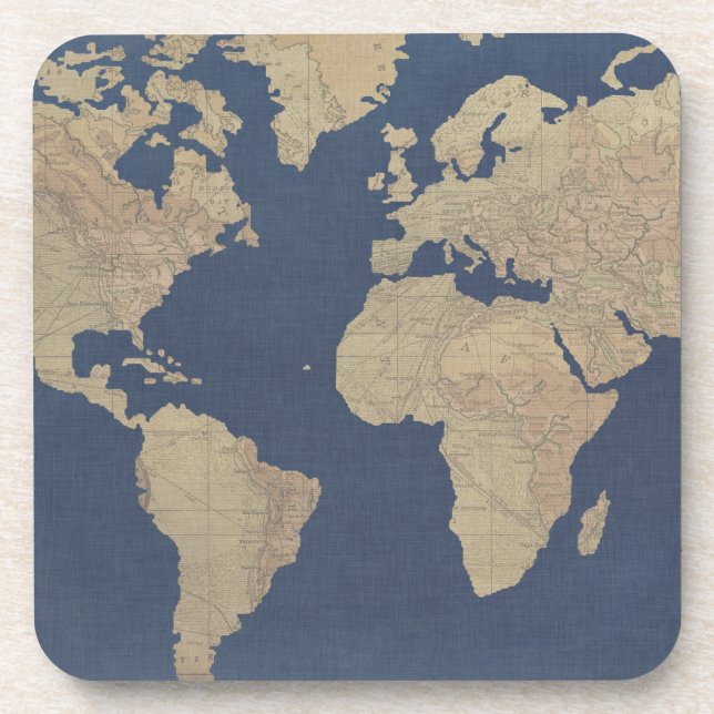 Gold and Blue World Map Beverage Coaster (Front)