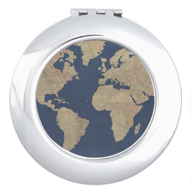 Gold and Blue World Map Compact Mirror (Front)