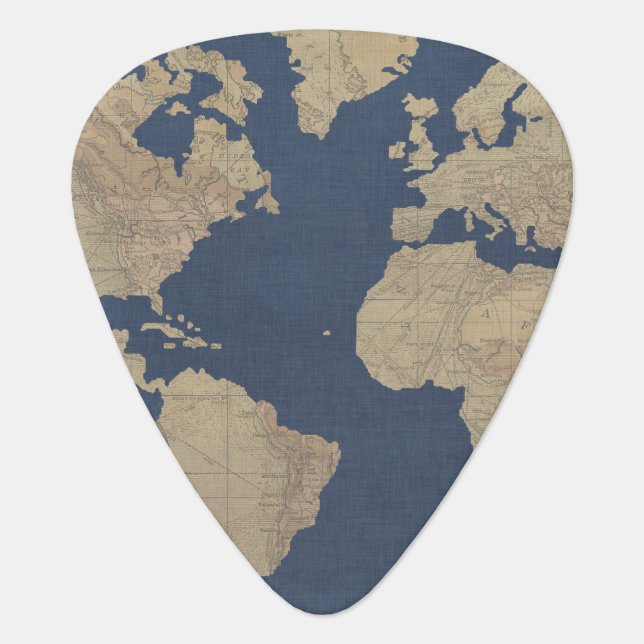 Gold and Blue World Map Guitar Pick (Front)