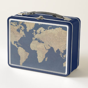 Gold and Blue World Map Metal Lunch Box