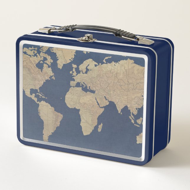 Gold and Blue World Map Metal Lunch Box (Front)