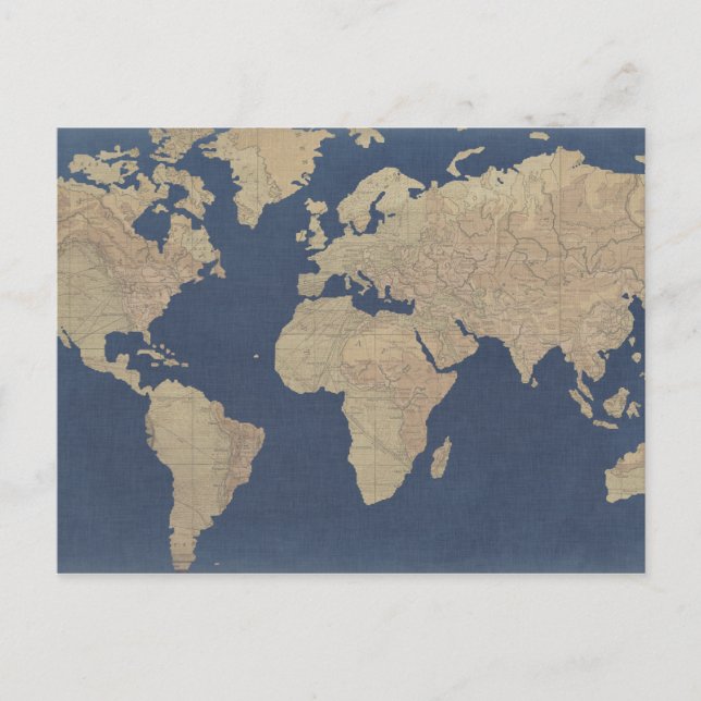 Gold and Blue World Map Postcard (Front)