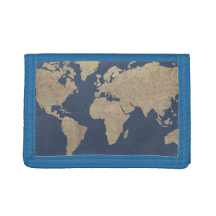 Gold and Blue World Map Trifold Wallet
