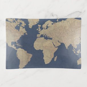 Gold and Blue World Map Trinket Tray
