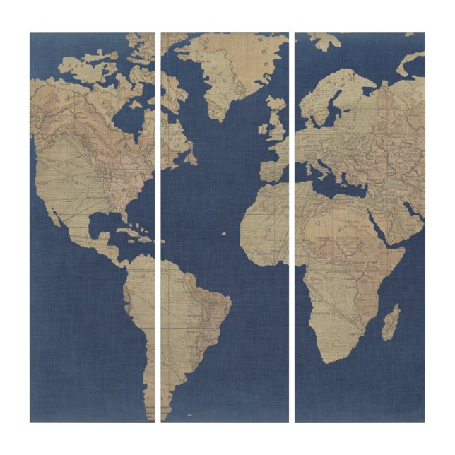 Gold and Blue World Map Triptych (Front)