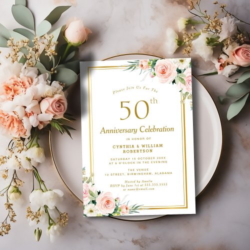 gold and blush 50th wedding anniversary invitation