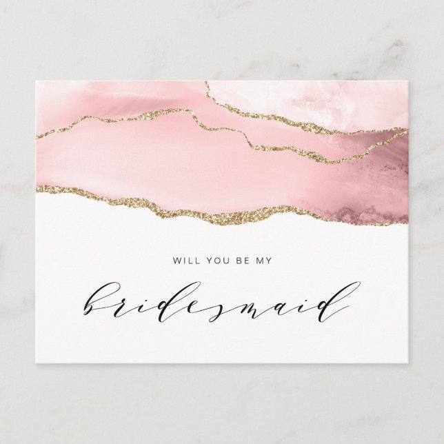 gold and blush agate will you be my Bridesmaid Invitation Postcard (Front)