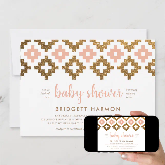 Gold and Blush Boho Aztec Baby Shower Invitation | Zazzle