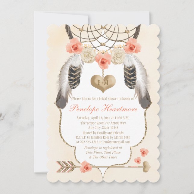 Gold and Blush Dreamcatcher Boho Bridal Shower Invitation (Front)