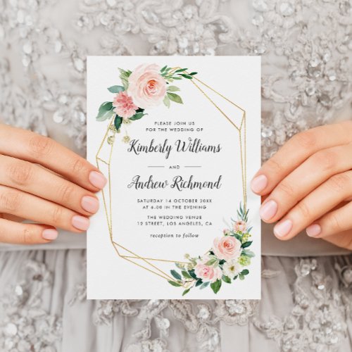 gold and blush floral geometric wedding invitation