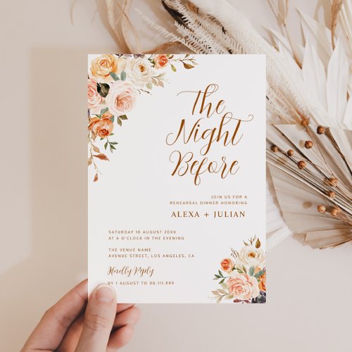 gold and blush floral rehearsal dinner invitation