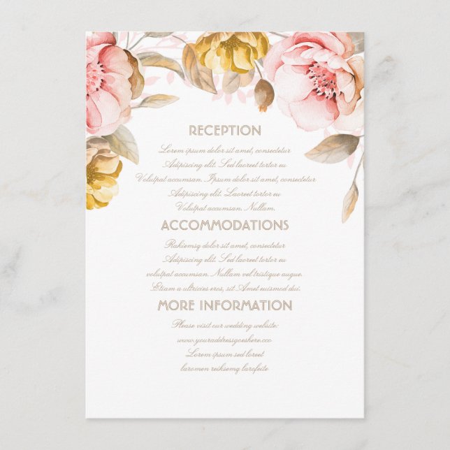 Gold and Blush Floral Wedding Information Guest Enclosure Card (Front)