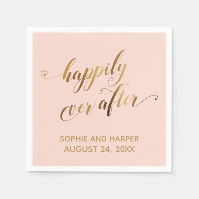 Gold and Blush Happily Ever After Hearts Script Napkins (Front)