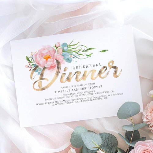 Gold and Blush Pink Florals Rehearsal Dinner Invitation