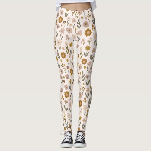 Gold and blush pink flowers on beige background th leggings