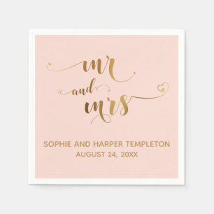 Gold and Blush Pink Mr and Mrs Hearts Calligraphy Napkins