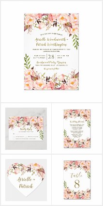 Gold and Blush Pink Peony Wedding Invitations Set