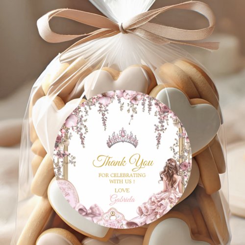 Gold and Blush Pink Tiara Floral Quinceañera Classic Round Sticker