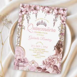Gold and Blush Pink Tiara Floral  Quinceañera Invitation