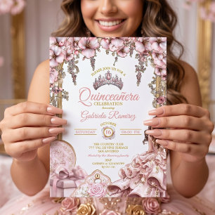 Gold and Blush Pink Tiara Floral Quinceañera Invitation