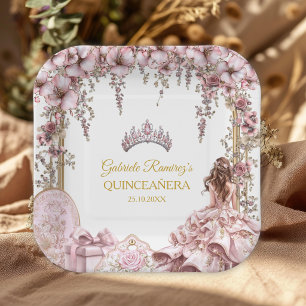 Gold and Blush Pink Tiara Floral Quinceañera Paper Plates