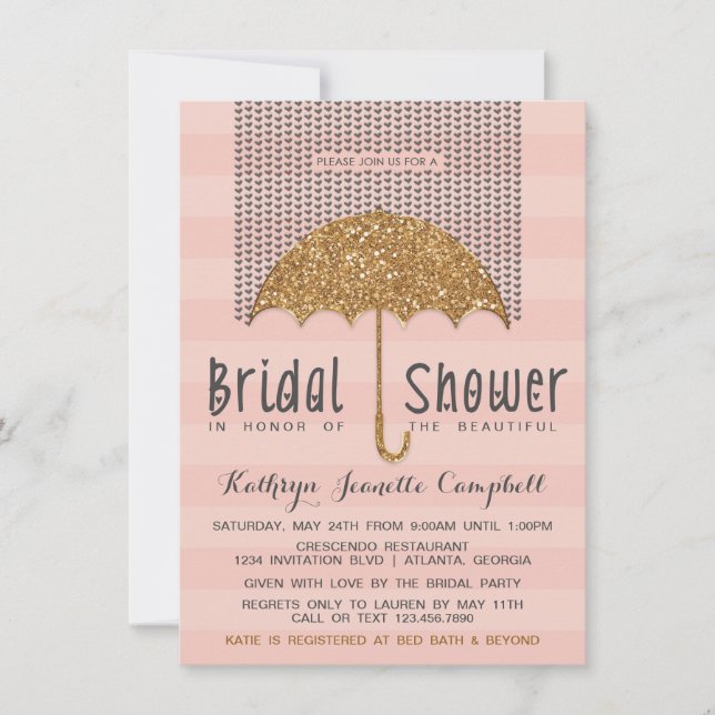 Gold and Blush Umbrella & Hearts Bridal Shower Invitation (Front)